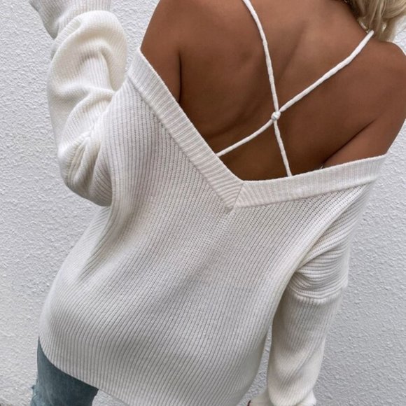 Sweaters - white Cold Shoulder Criss Cross Sweater